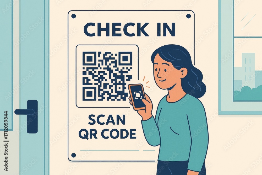 Poster woman scanning qr code to check in using smartphone in modern digital entry system with light backgr
