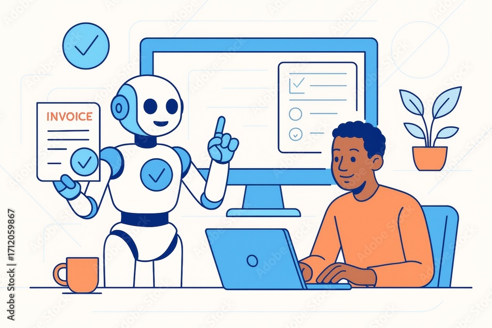 Poster robot helps man with invoice automation using laptop in modern workspace with digital interface on l
