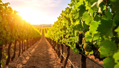 Vineyard rows at sunset
