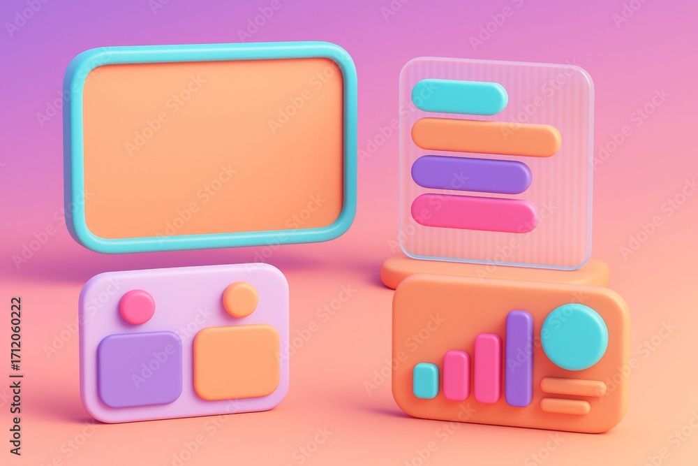 Poster abstract colorful user interface mockup elements in pastel colors with charts and buttons on gradien
