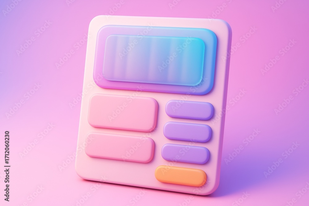 Poster colorful abstract calculator mockup with rounded buttons and screen on pink background, minimal prod