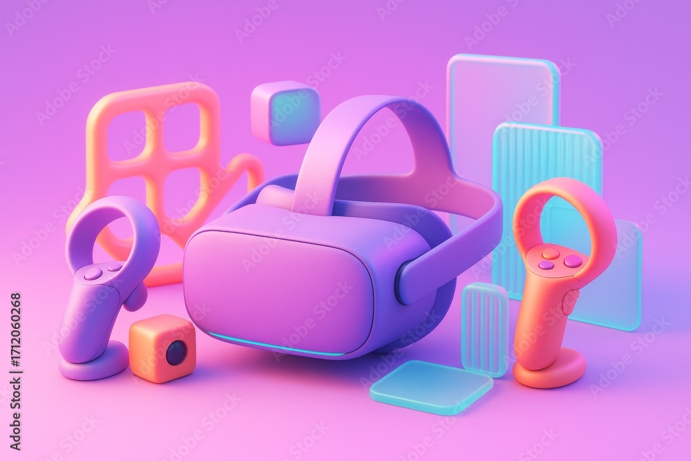 Poster vibrant vr headset and controllers mockup with futuristic abstract elements on pink background for t