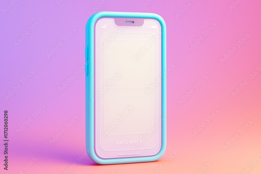 Poster smartphone display mockup with blue case on pink gradient background for design presentation and bra