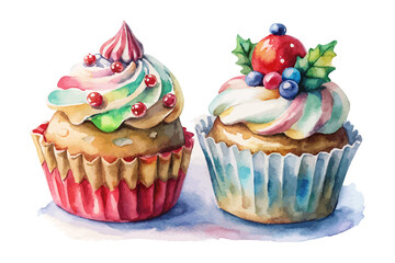 Watercolor Christmas Cupcake with Frosting vector illustration
