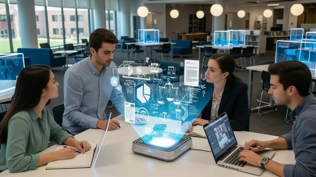 Business team collaborating around futuristic holographic interface in a modern office, digital data visualization, innovation and technology, teamwork, corporate environment - Powered by Adobe