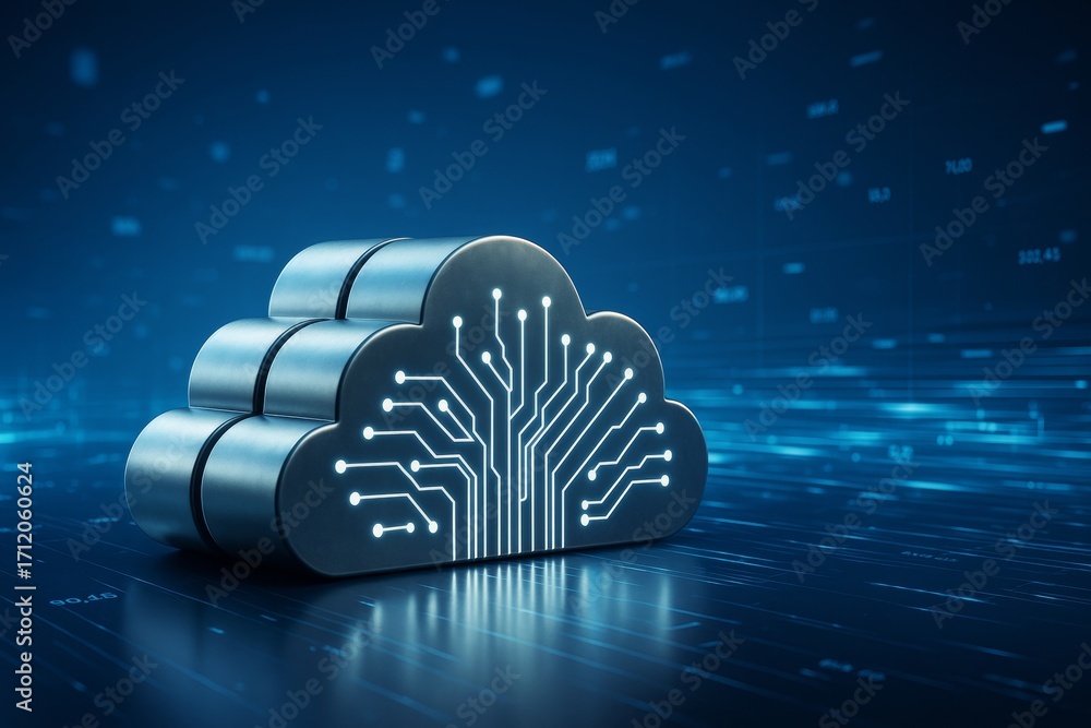 Poster futuristic cloud storage concept with glowing circuit lines on metallic cloud icon over digital blue