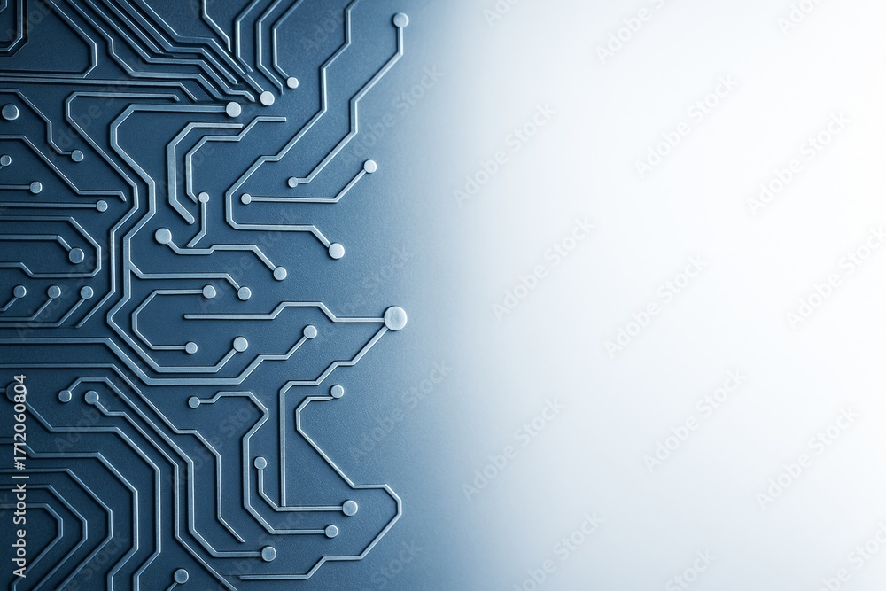Poster abstract technology background showing detailed electronic circuit pattern on left side with gradien