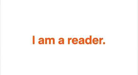 Bold orange text announces "I am a reader" on a clean white background.