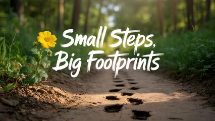 motivational Forest trail with yellow flower has text "Small Steps, Big Footprints", uses nature, outdoors, inspiration for web design, posters, presentations, backgrounds.