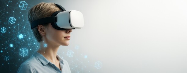 Woman using virtual reality headset surrounded by digital network cubes on light background, perfect for technology business concept design template.