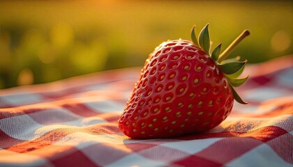 Juicy ripe strawberry glistens in warm golden sunlight on a checkered picnic blanket, evoking summer freshness and outdoor joy.