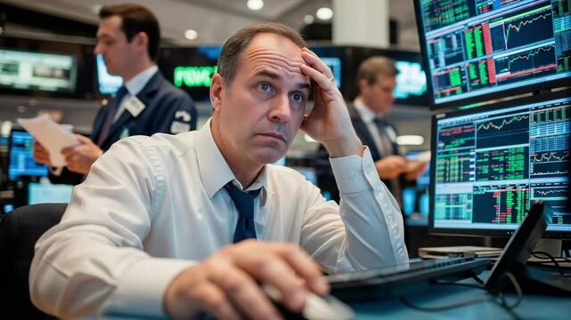 Stressed middle-aged Caucasian stock trader looking worried at his computer screen on a busy trading floor. Financial crisis and market crash concept.