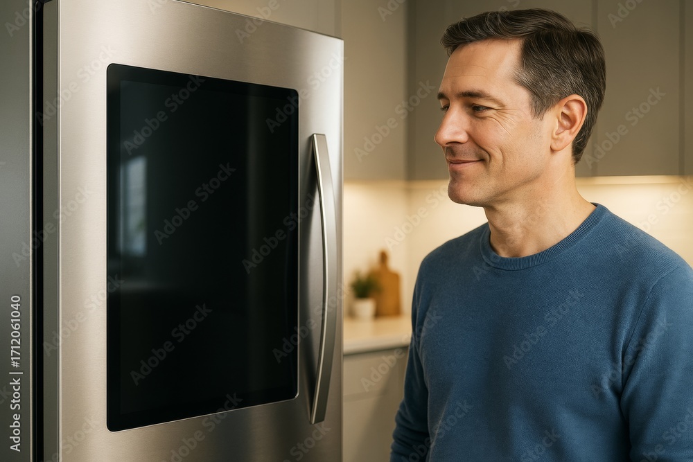 Poster man smiling while standing in front of a modern smart refrigerator with a touch screen in a brightly