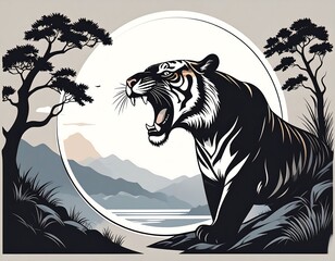 Roaring tiger in a serene landscape