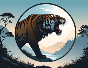 Roaring tiger in a tranquil forest scene