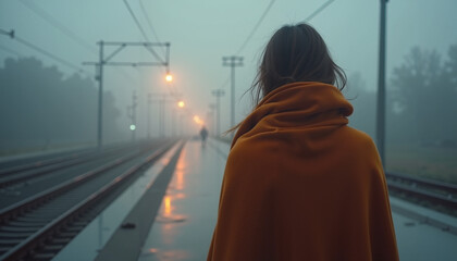 Woman standing alone on foggy train platform wearing orange scarf  