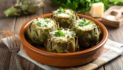 Roasted artichoke hearts filled with cheese and herbs