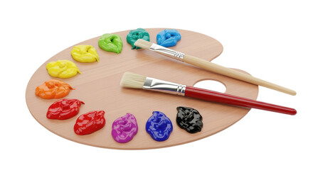Isolated paints on the artist's palette with paintbrushes, vibrant colors, creative art supply