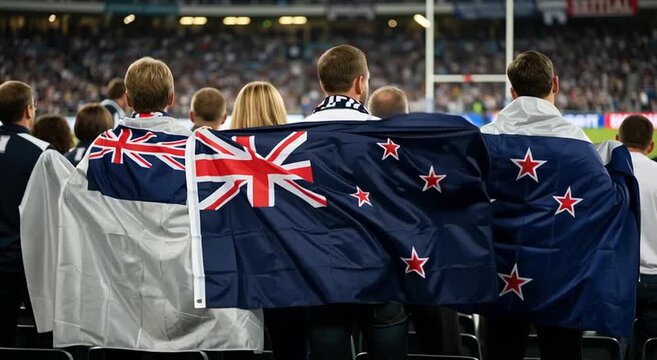 People in stadium wearing new zealand flags showing support from behind at a sporting event crowd view