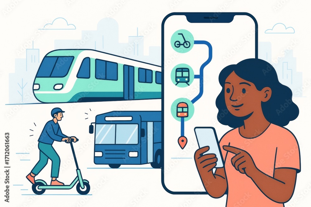 Poster woman using smartphone app for urban mobility showing scooter, train, and bus with city background a
