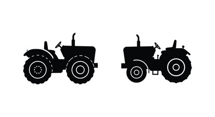 Simple black silhouettes of two vintage tractors side by side