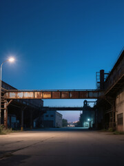 Obraz premium Industrial landscape at night with abandoned buildings and bridge 
