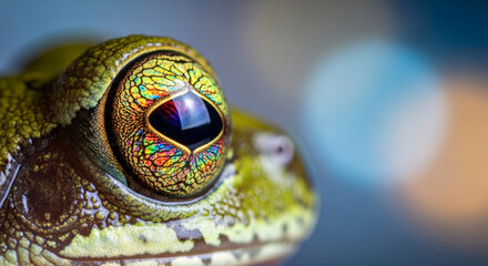 Close Up Macro of Green Frog with Intricate Eye Pattern and Bokeh Lights in Background Capturing Detail
