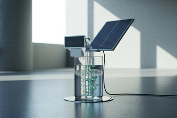Solar powered electrolysis device generating hydrogen laboratory setting with sunlight streaming through window. setup includes beaker, solar panel, and electronic components, showcasing renewable