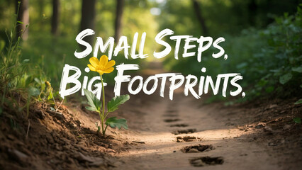 Earthy trail with yellow flower displays footprints. Inspiring path wallpaper for social media, posters, branding, or presentations.