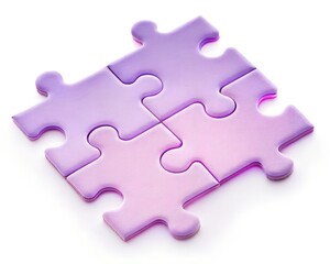 Obraz premium Four interlocking translucent purple and pink puzzle pieces forming a square on white connection solution