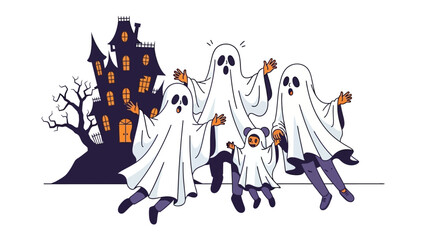 Spirited Halloween Gathering: A playful Halloween scene featuring an assortment of ghosts playfully frolicking, their spectral forms adding a whimsical touch, alongside a spooky haunted house.