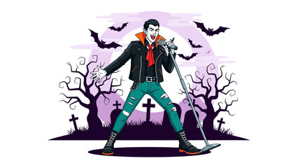 Rockstar Vampire: An illustrated rockstar vampire, with slicked-back hair, leather jacket, and stylish pants. Stands in front of an ominous Halloween scene.