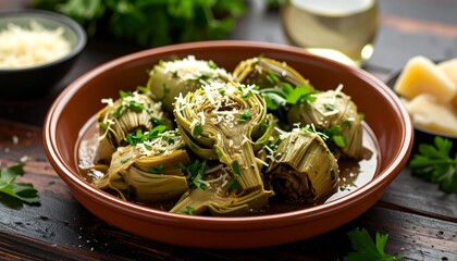 Roasted artichokes in a terracotta dish