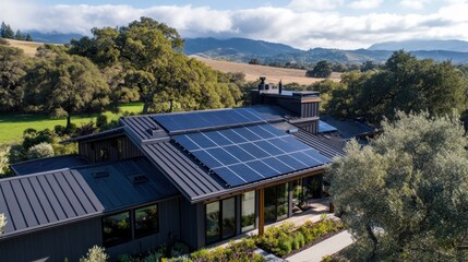 Sustainable Home with Solar Panels Nestled in Rolling Hills Landscape