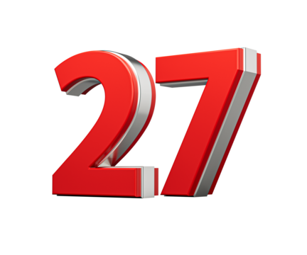 Bold Vibrant Red Number Twenty seven Number 27 With Metallic On White Background 3D Illustration