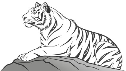 Obraz premium Stylized illustration of a tiger sitting on a rock wildlife art black and white design.