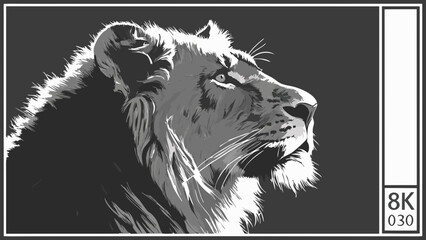 Obraz premium Stylized Monochrome Lion Portrait Majestic Big Cat Wildlife Art 8K Resolution.
