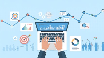 Business analyst working on data analysis with laptop displaying charts and graphs achieving business goals and objectives