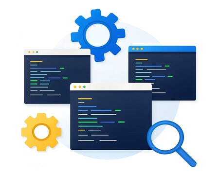 Programming code windows with gears and magnifying glass on white background software development