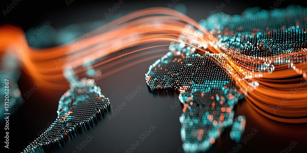 Poster dynamic global digital network illustrating worldwide communication and data flow, symbolizing moder