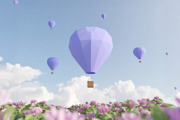 Hot air balloons over flower fields