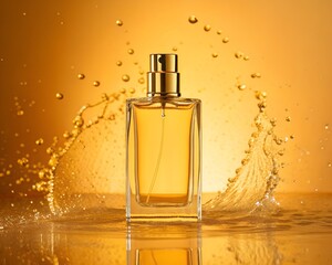 Rectangular Glass Perfume Bottle with Gold Cap Amidst Golden Liquid Splashes and Bubbles image photo