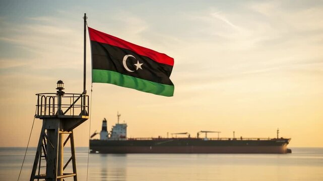 The national flag of Libya waving in the wind at a seaport with a large oil tanker ship in the background during a golden sunset.