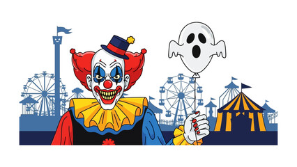 Clown with Ghost Balloon in Carnival: A vividly rendered cartoon clown with a menacing smile, holding a ghost-shaped balloon amid the lively atmosphere of a carnival.