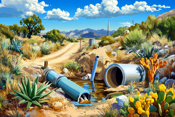 Dry desert landscape with damaged water pipeline and sparse vegetation under bright blue sky with clouds, illustrating water scarcity and infrastructure issues in arid regions