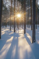 Sun shining through trees, casting dappled light on snowy ground.