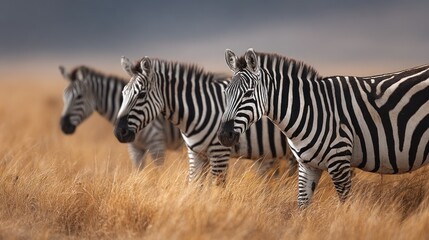Fototapeta premium Three Zebras Standing in a Field of Tall Grass, Close Up, Wildlife Photography