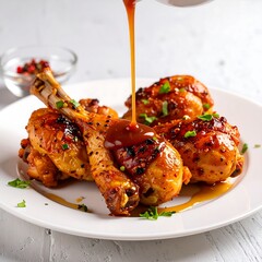 Roasted chicken drumsticks glazed with a savory sauce