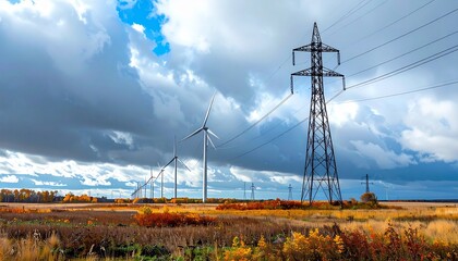 Realistic imagery of renewable energy infrastructure: wind turbines, solar parks and sustainable power solutions in autumn landscapes. Ideal for themes of sustainability, climate change, innovation an