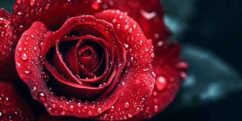 Vivid red roses with glossy droplets of rain, set against a soft-focus background
